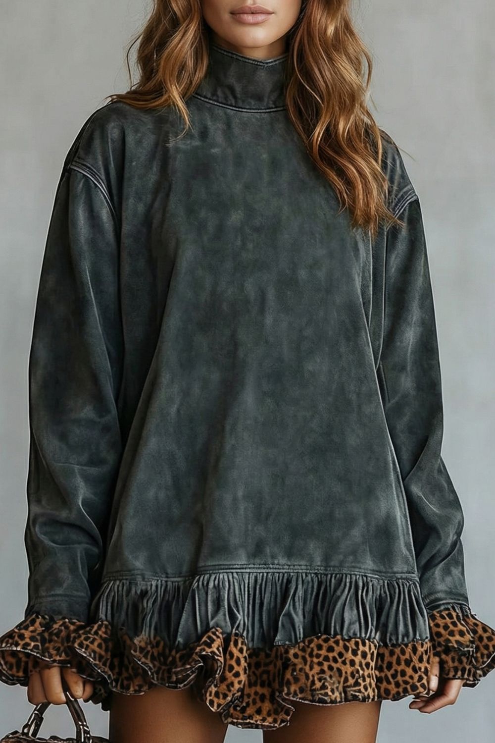 Selvatta – Leopard trim ruffle – Suede mini dress