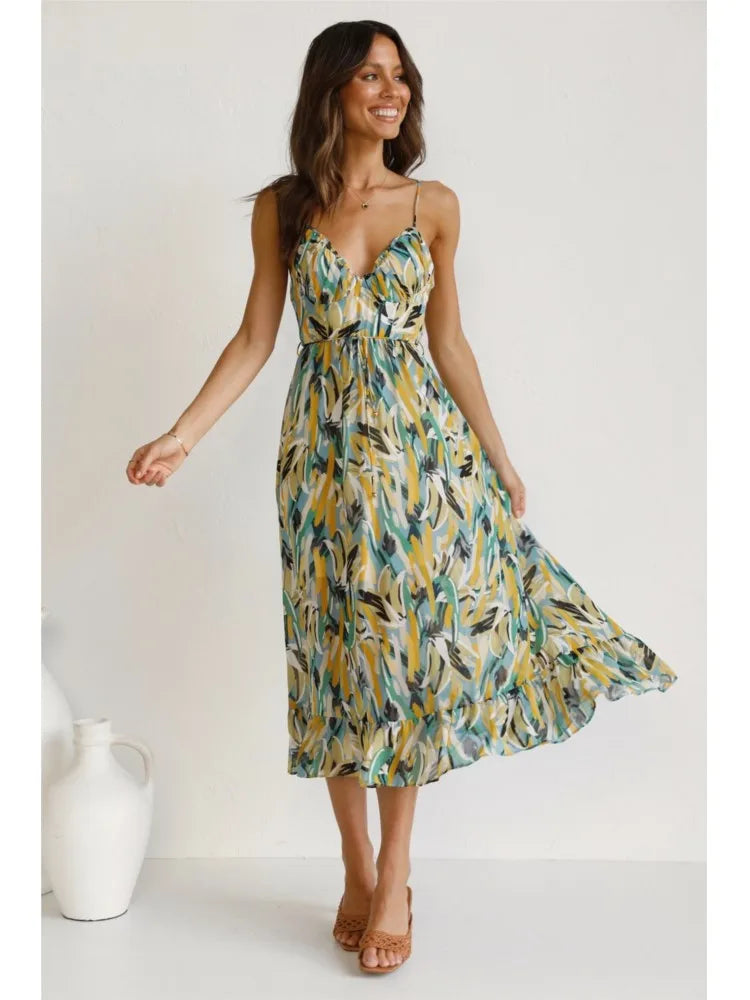 Reanna | Midi Dress with Cheerful Leaf Print