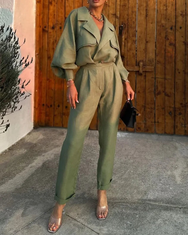 Nyasia | Two-Piece Suit Green with Balloon Sleeves