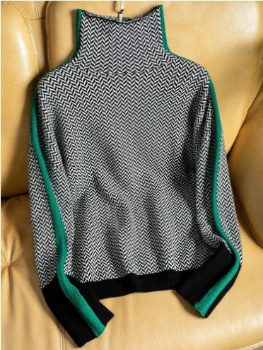 Miriah | Women's Turtleneck with Herringbone & Stripes