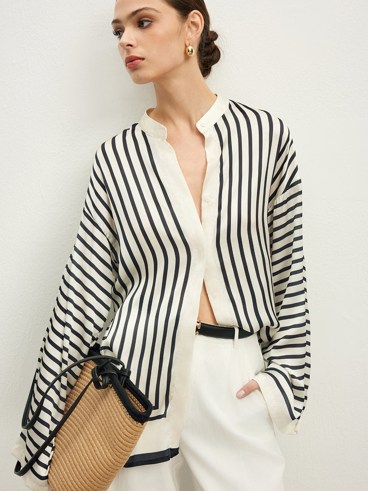 Vena | Striped Satin Blouse with Wide Sleeves