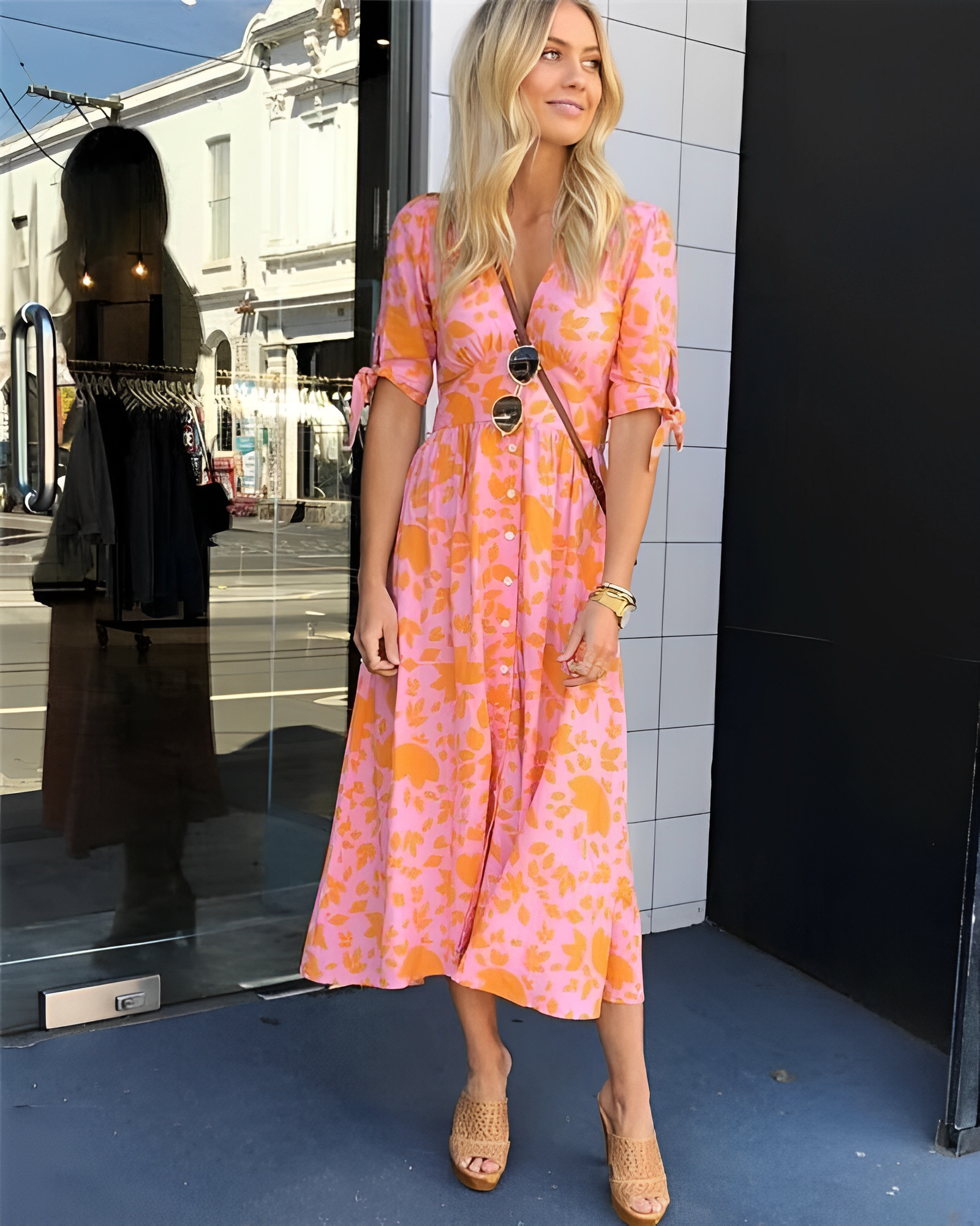 Vivianne | Midi Dress Orange Leaf Print