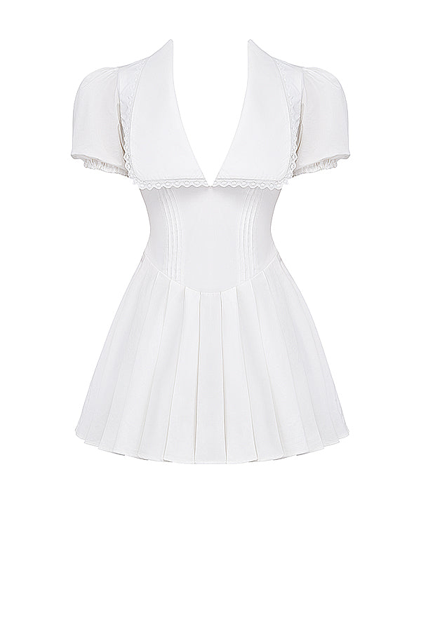 Bette | Mini Dress with V-Neck and Pleated Skirt White