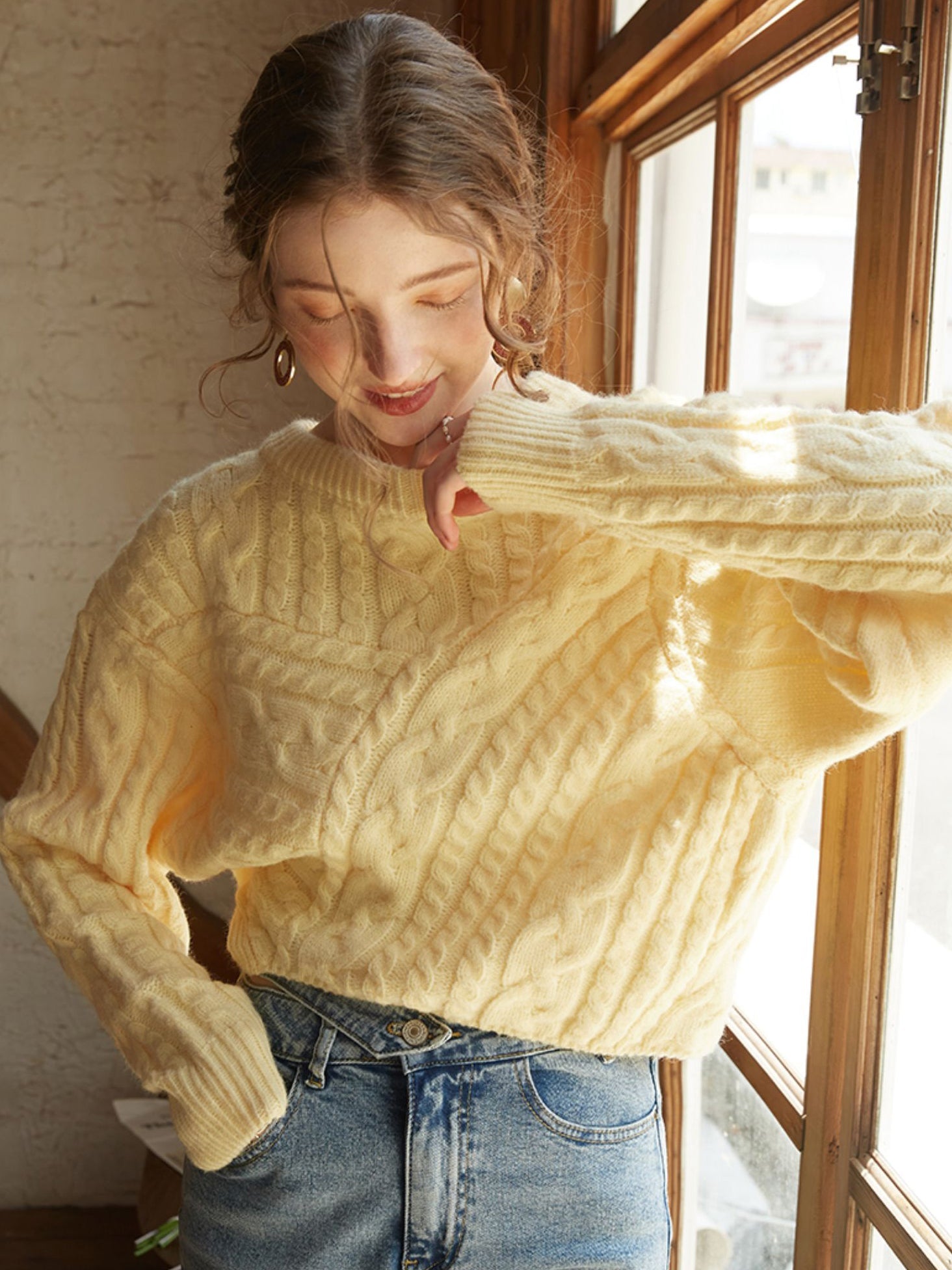 Latrice | Women's Sweater Yellow Knitted Cable Pattern