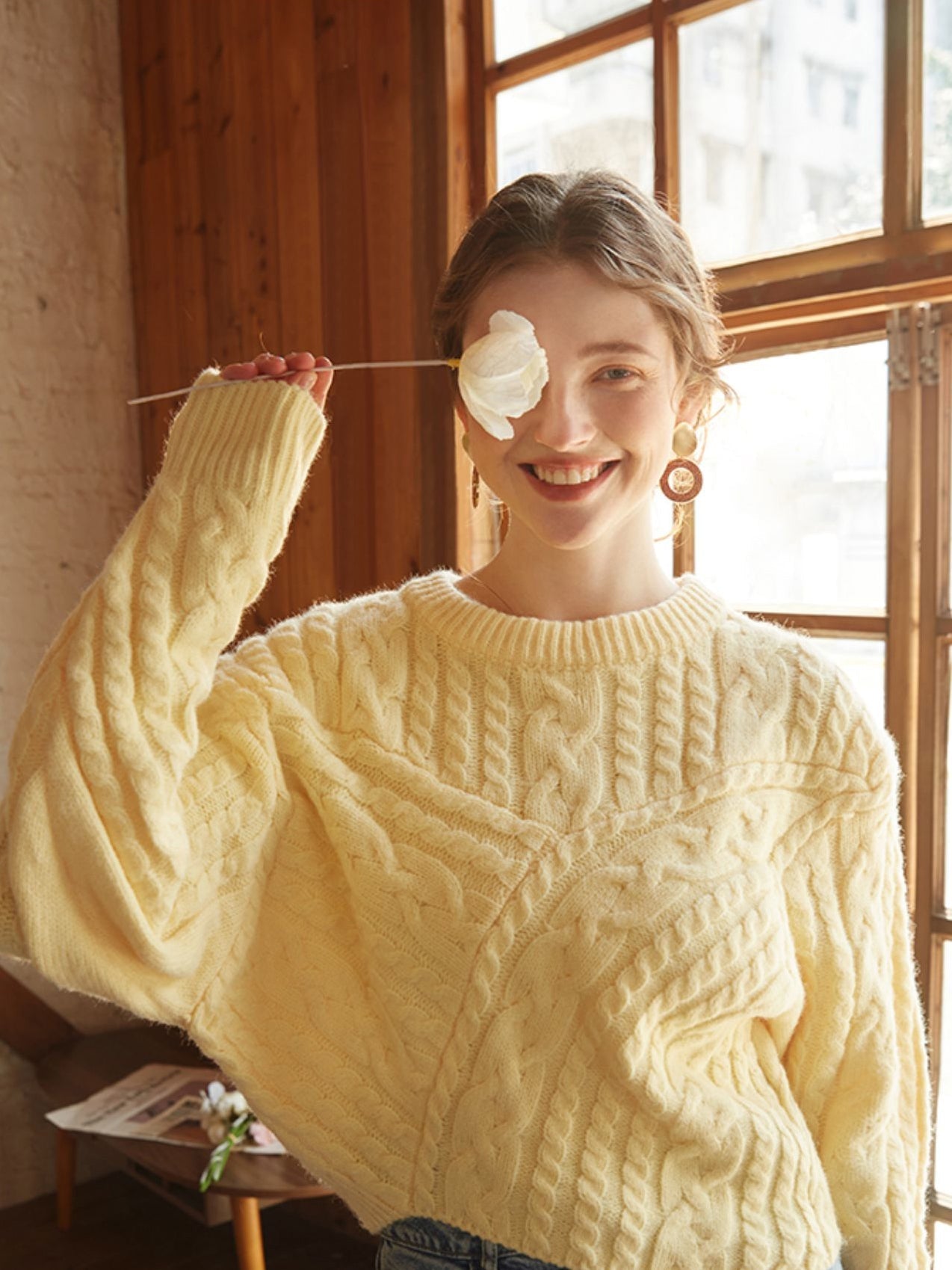 Latrice | Women's Sweater Yellow Knitted Cable Pattern