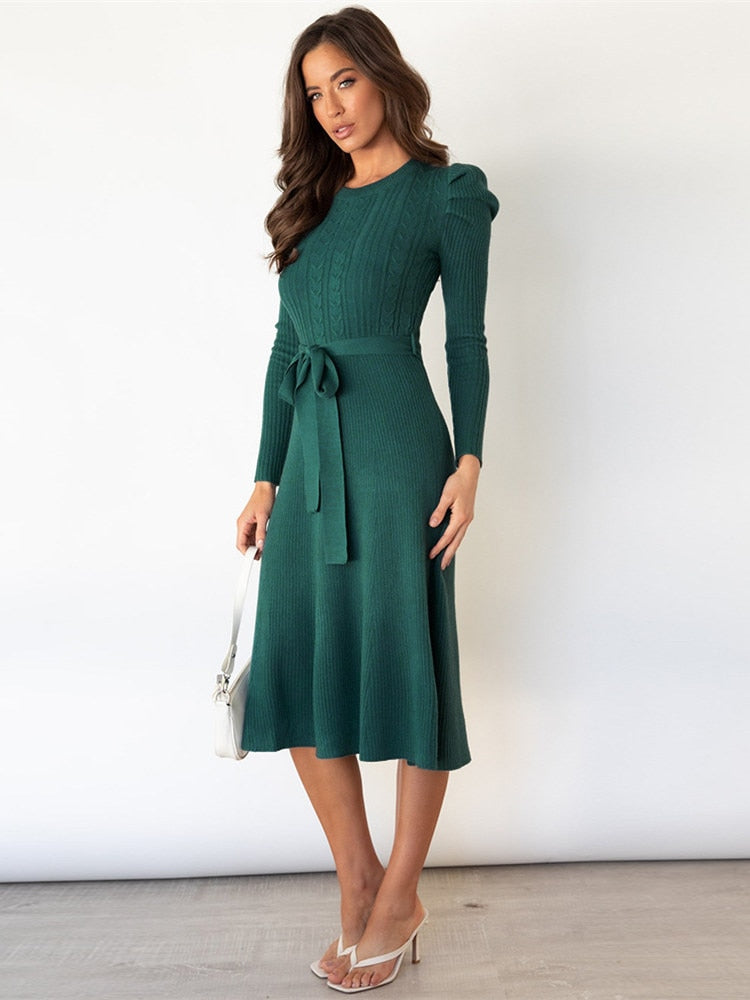 Maryah | Women's Dress with Puff Sleeves and Cable Knit