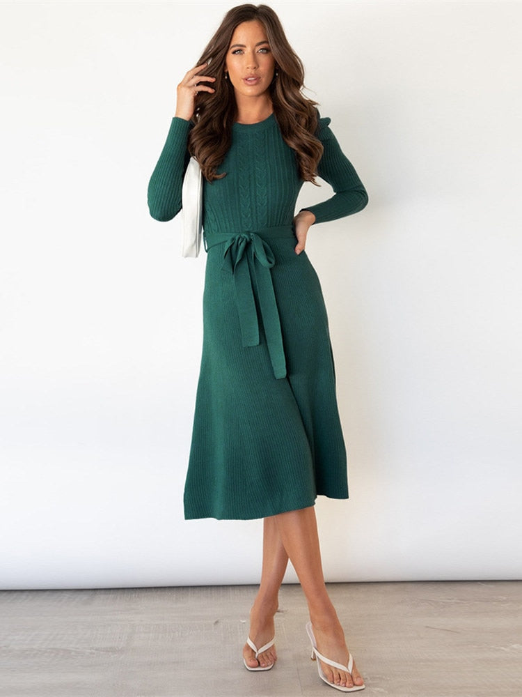Maryah | Women's Dress with Puff Sleeves and Cable Knit