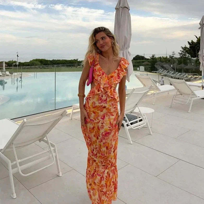 Analicia | Maxi Dress with Ruffles and Open Back