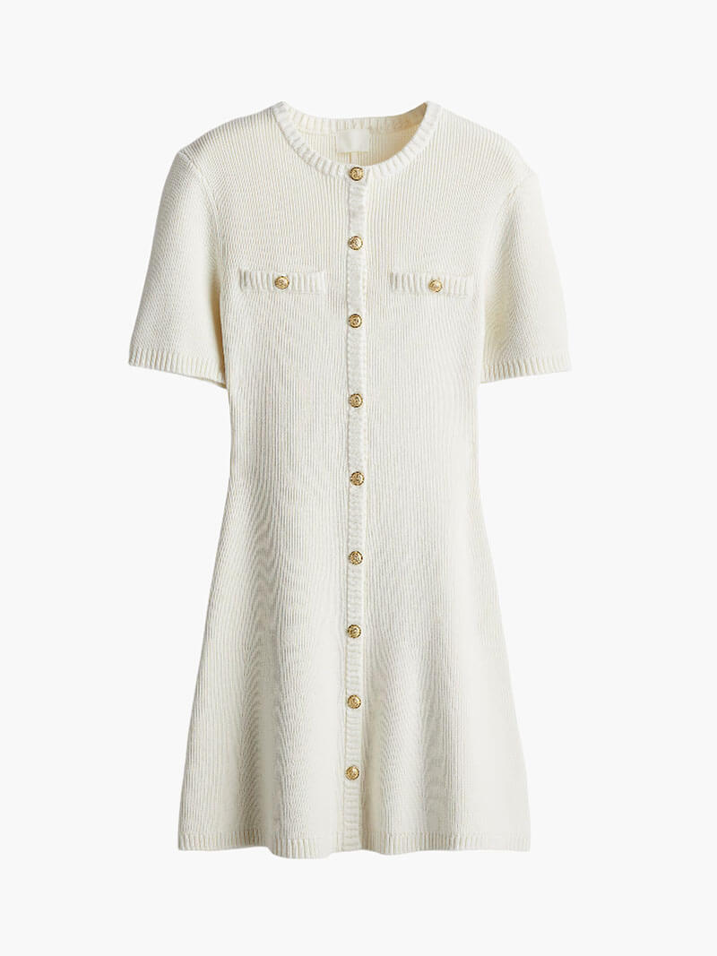 Iona | White Knitted Dress with Gold Buttons