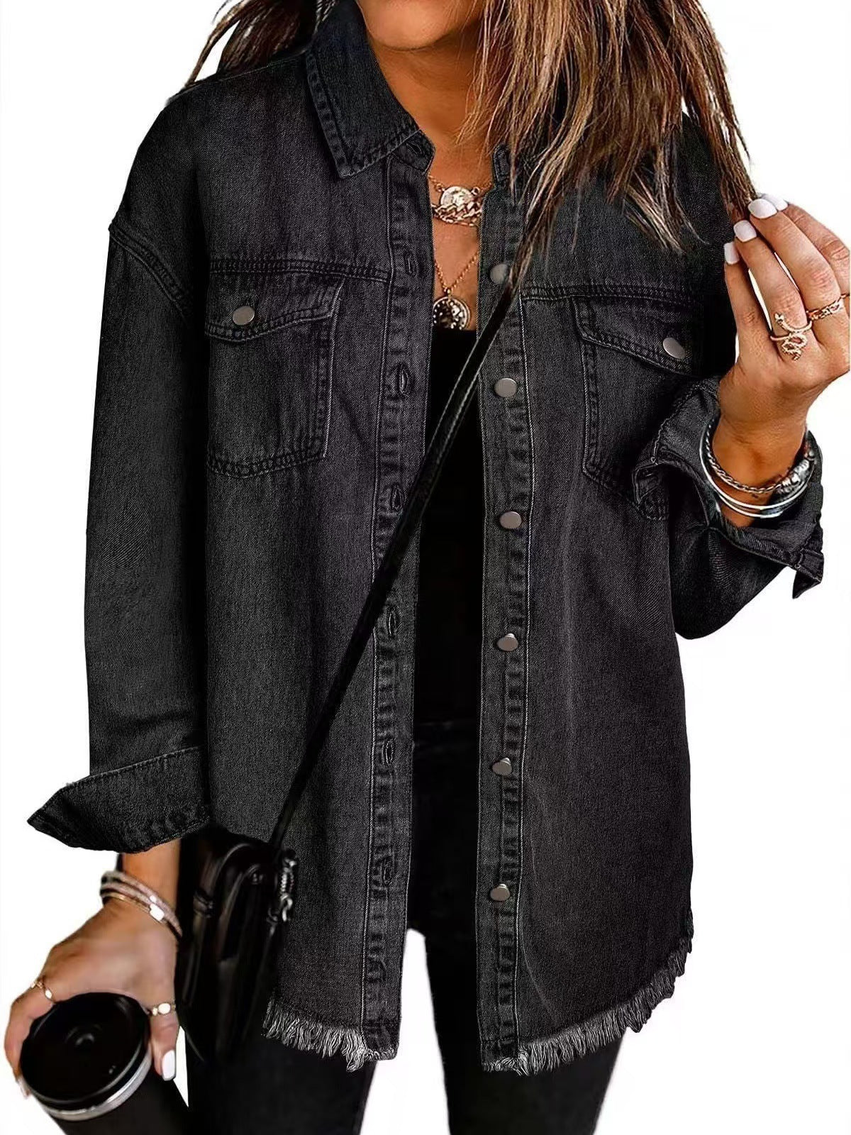 Laura | Denim Shirt Jacket with Frayed Hem