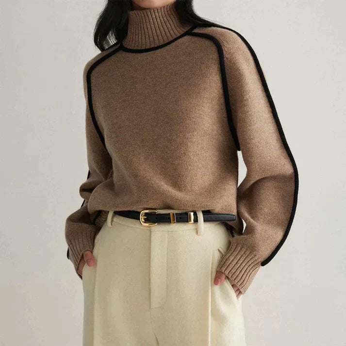 Lyn | Camel turtleneck with contrasting piping