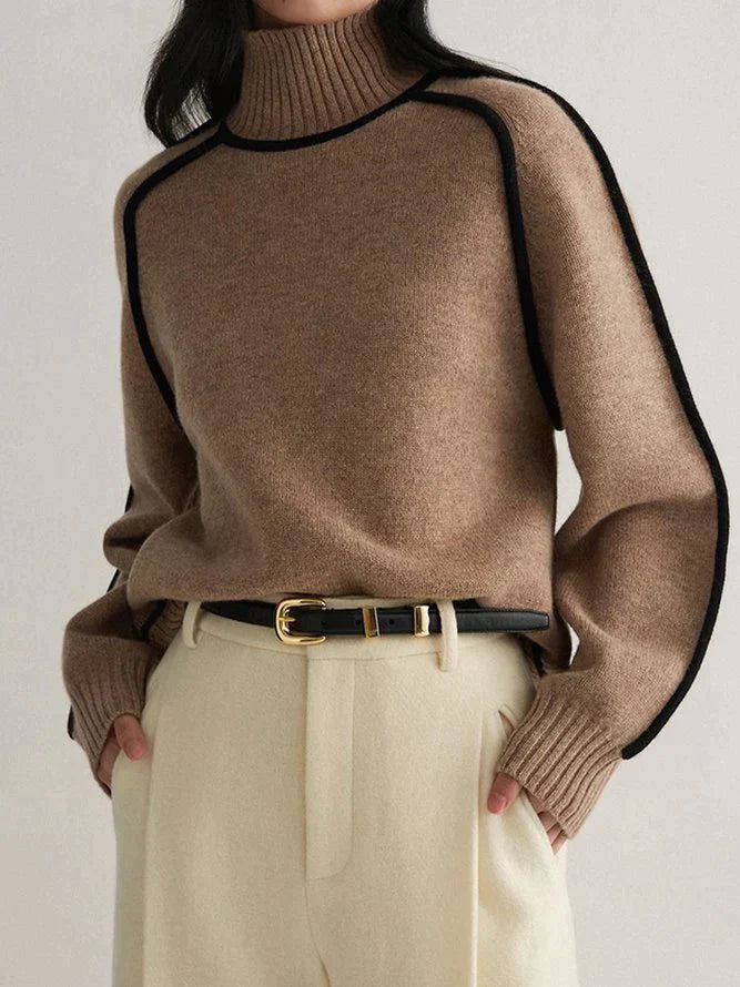 Lyn | Camel turtleneck with contrasting piping