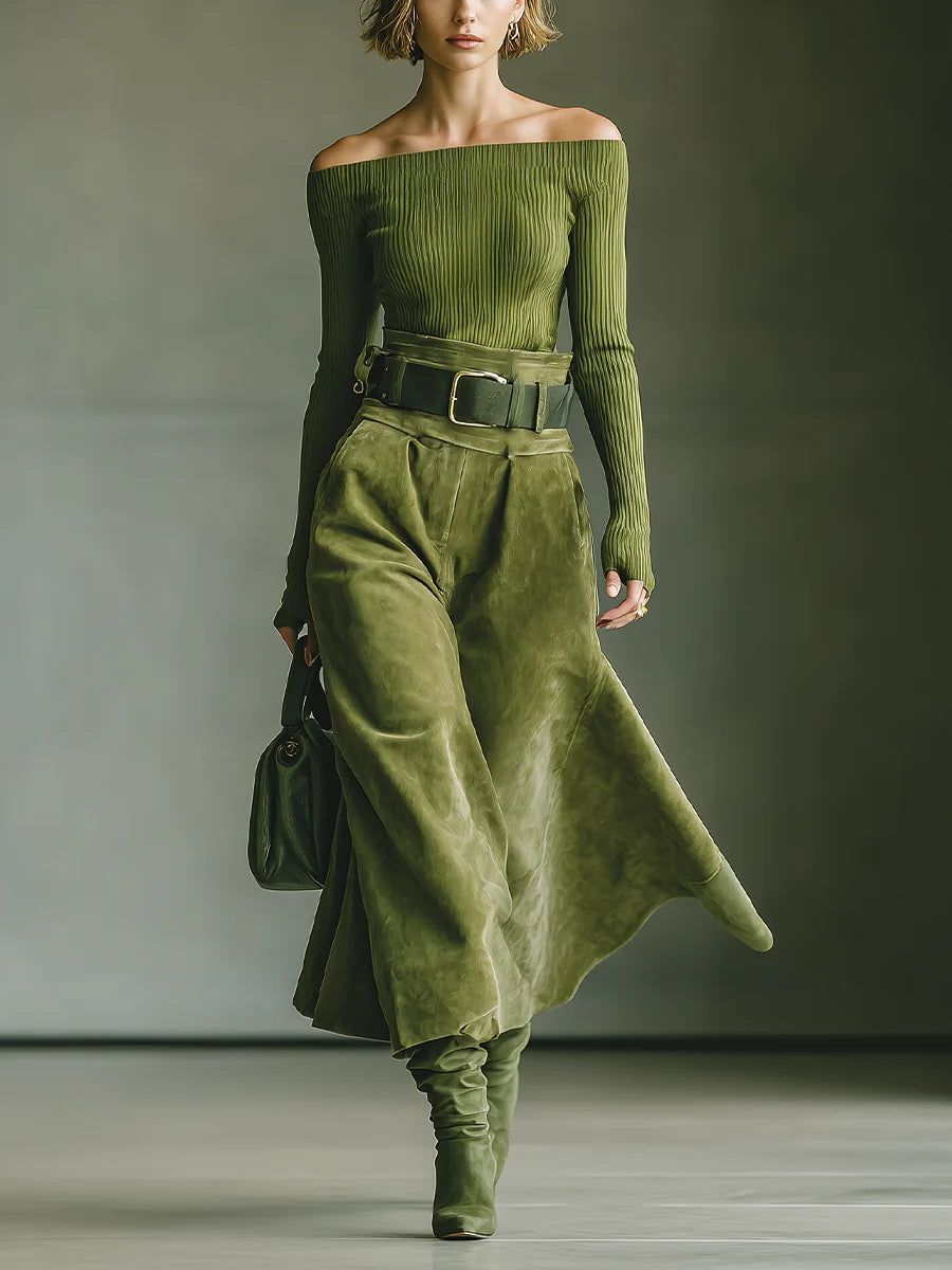 Jane | Off-Shoulder Top and Faux Suede Skirt Set (Includes Belt)