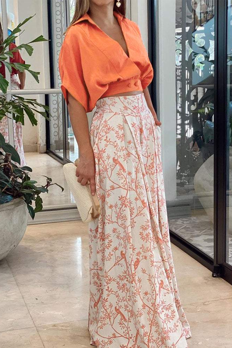 Layan | Orange Two-Piece Set with Bird Print