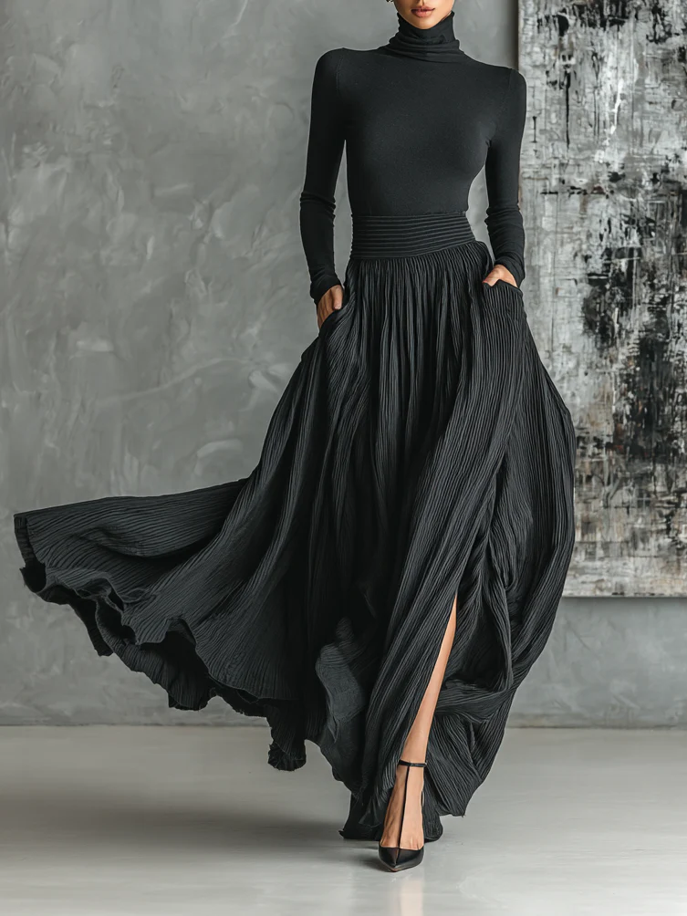 Francine | Fashion Skinny Turtleneck T-shirt Pleated Skirt Set