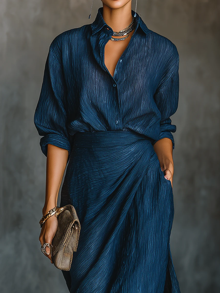 Blake | Elegant Dark Blue Blend Shirt Long Skirt Set