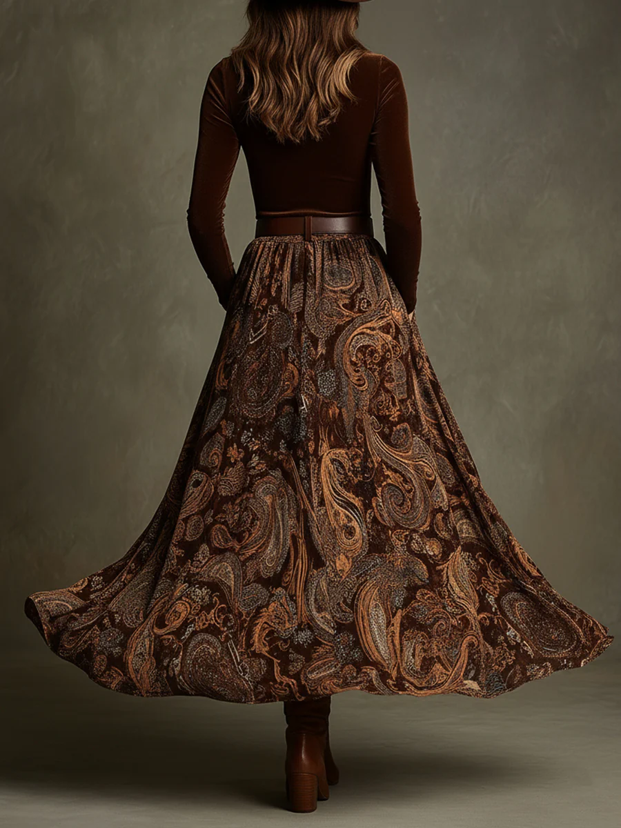 Mara | Vintage Stretch Velvet Top and Paisley Print Maxi Skirt Set (With Belt)