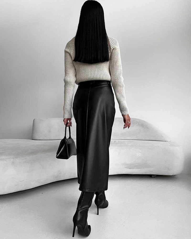 Kavya | Black Midi Skirt with High Slit