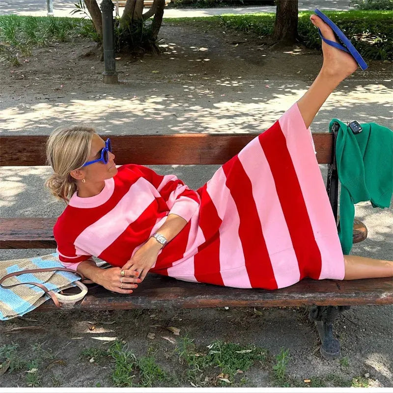 Arla | Knitted Dress with Stripes Red Pink