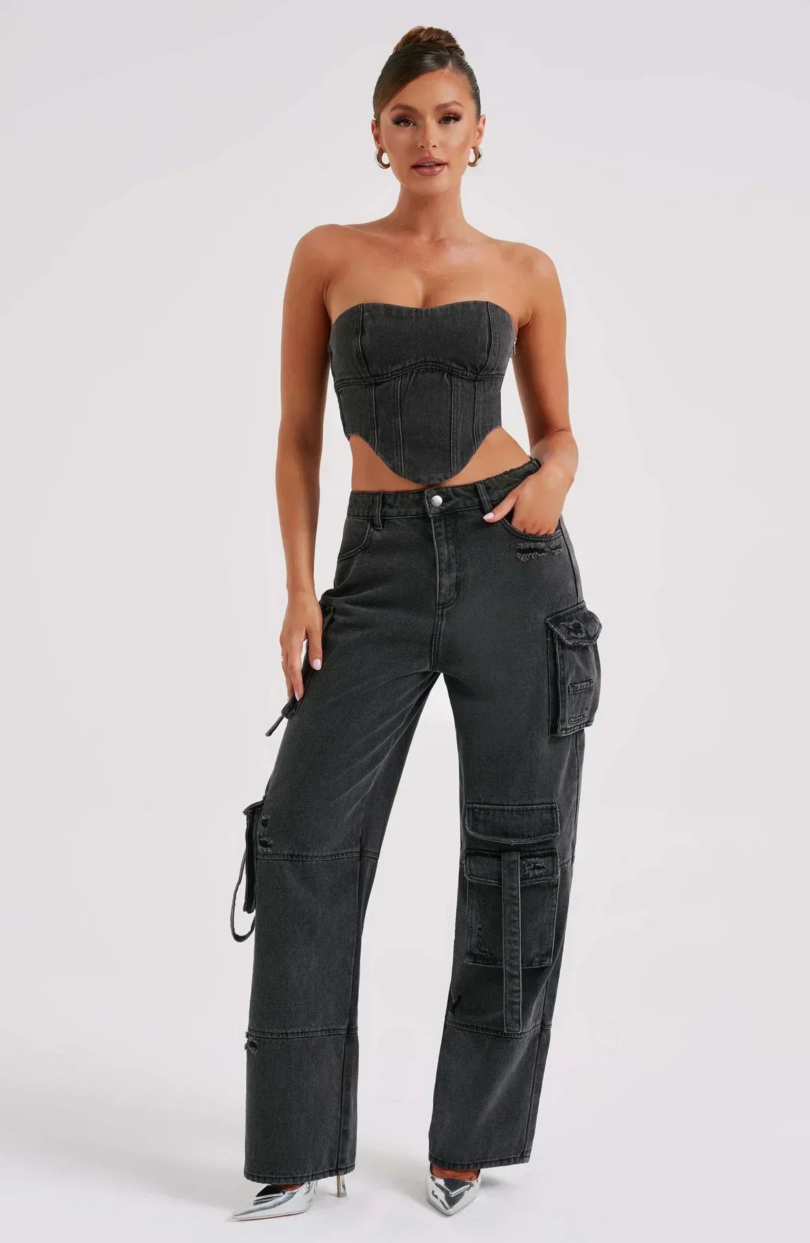 Candy | Denim Set with Distressed Cargo Pockets