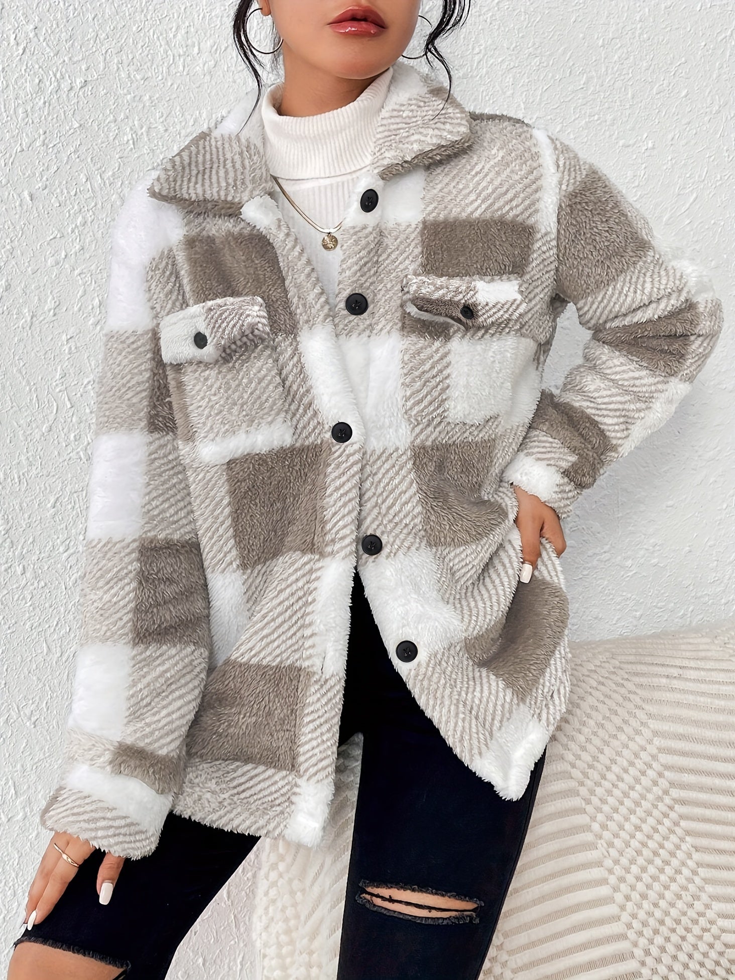 Emalyn | Mid-Way Coat Plush Block Pattern