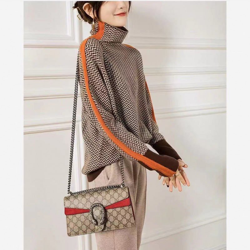 Miriah | Women's Turtleneck with Herringbone & Stripes