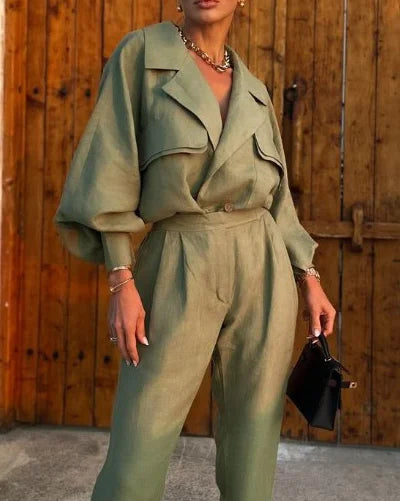 Nyasia | Two-Piece Suit Green with Balloon Sleeves