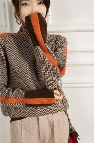 Miriah | Women's Turtleneck with Herringbone & Stripes
