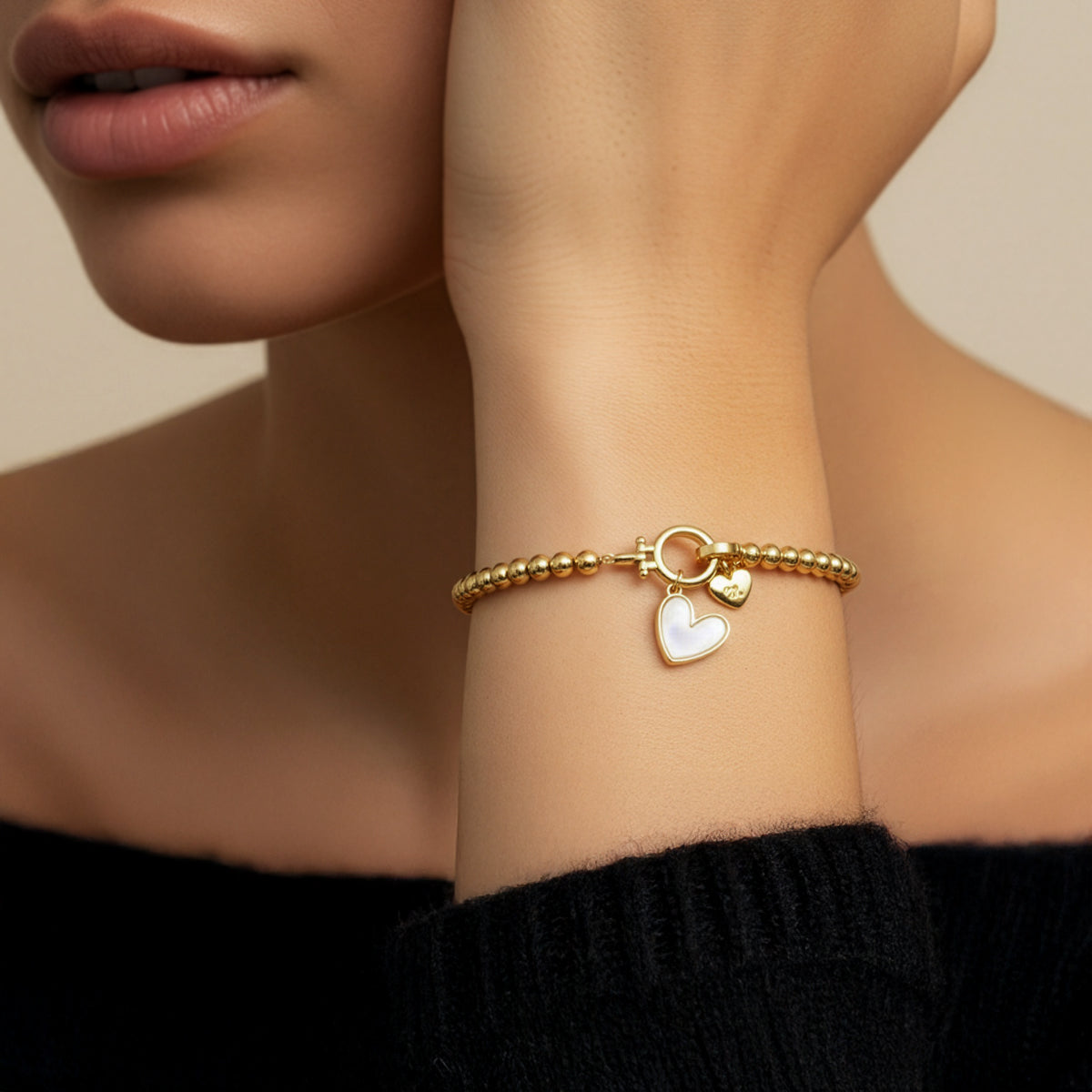 Mint Beaded Bracelet with Mother Of Pearl Initial Heart Charm