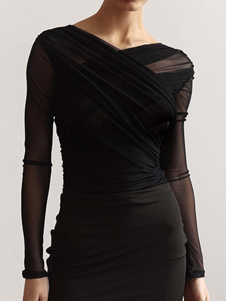 Alease | Draped Mesh Top Black