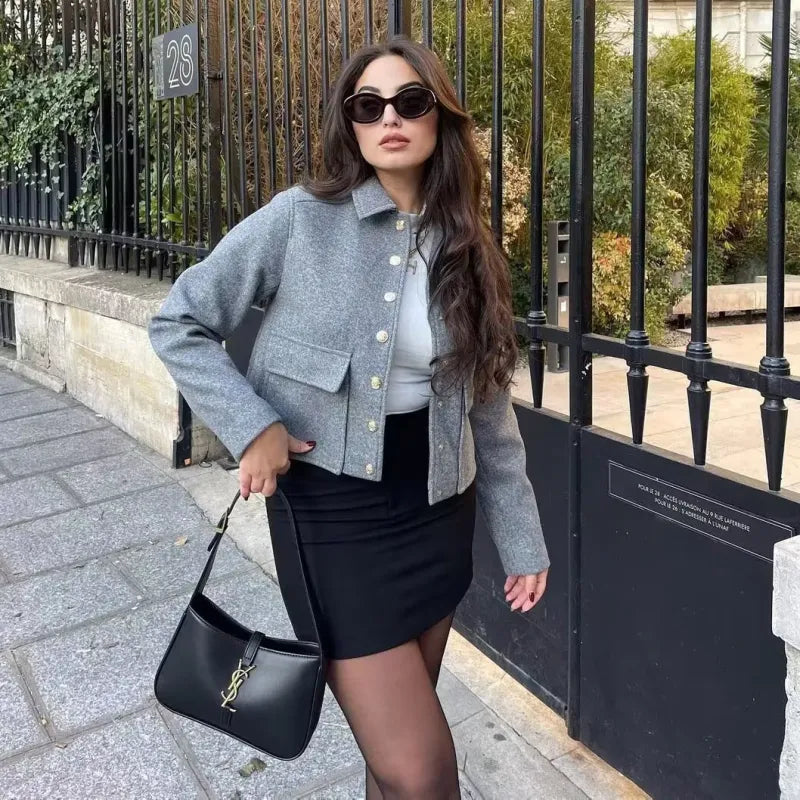 Emilee | Short Coat Gray with Gold Buttons