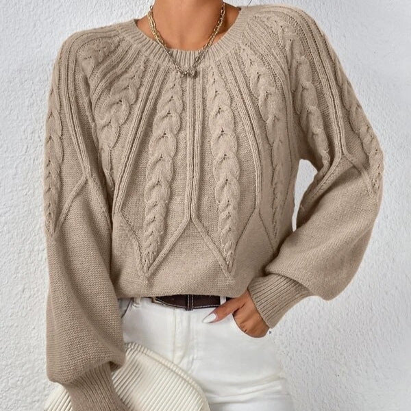 Mary | Khaki Cable Knit Sweater with Balloon Sleeves
