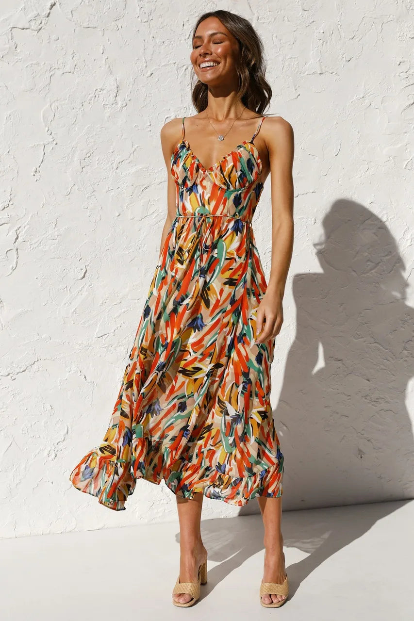 Reanna | Midi Dress with Cheerful Leaf Print