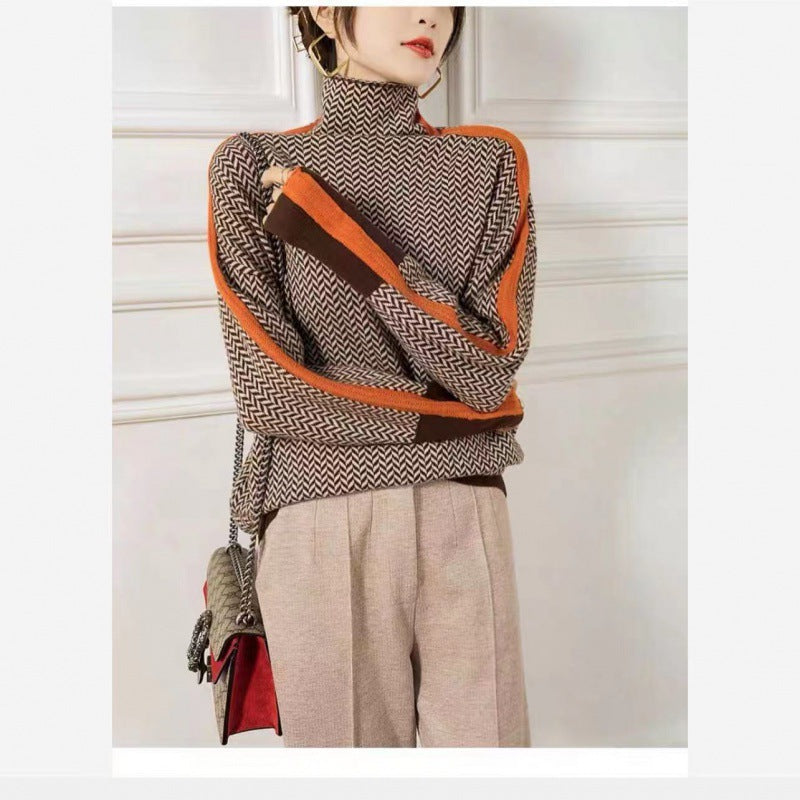 Miriah | Women's Turtleneck with Herringbone & Stripes