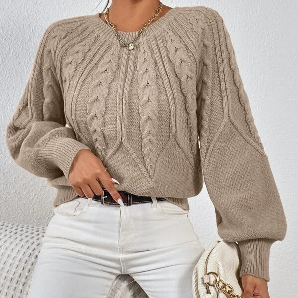 Mary | Khaki Cable Knit Sweater with Balloon Sleeves