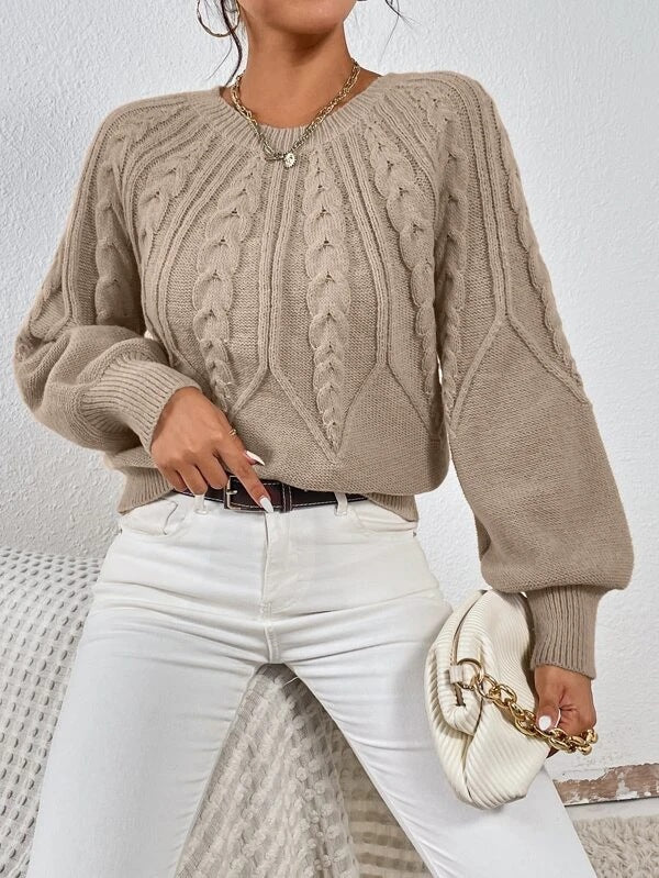 Mary | Khaki Cable Knit Sweater with Balloon Sleeves