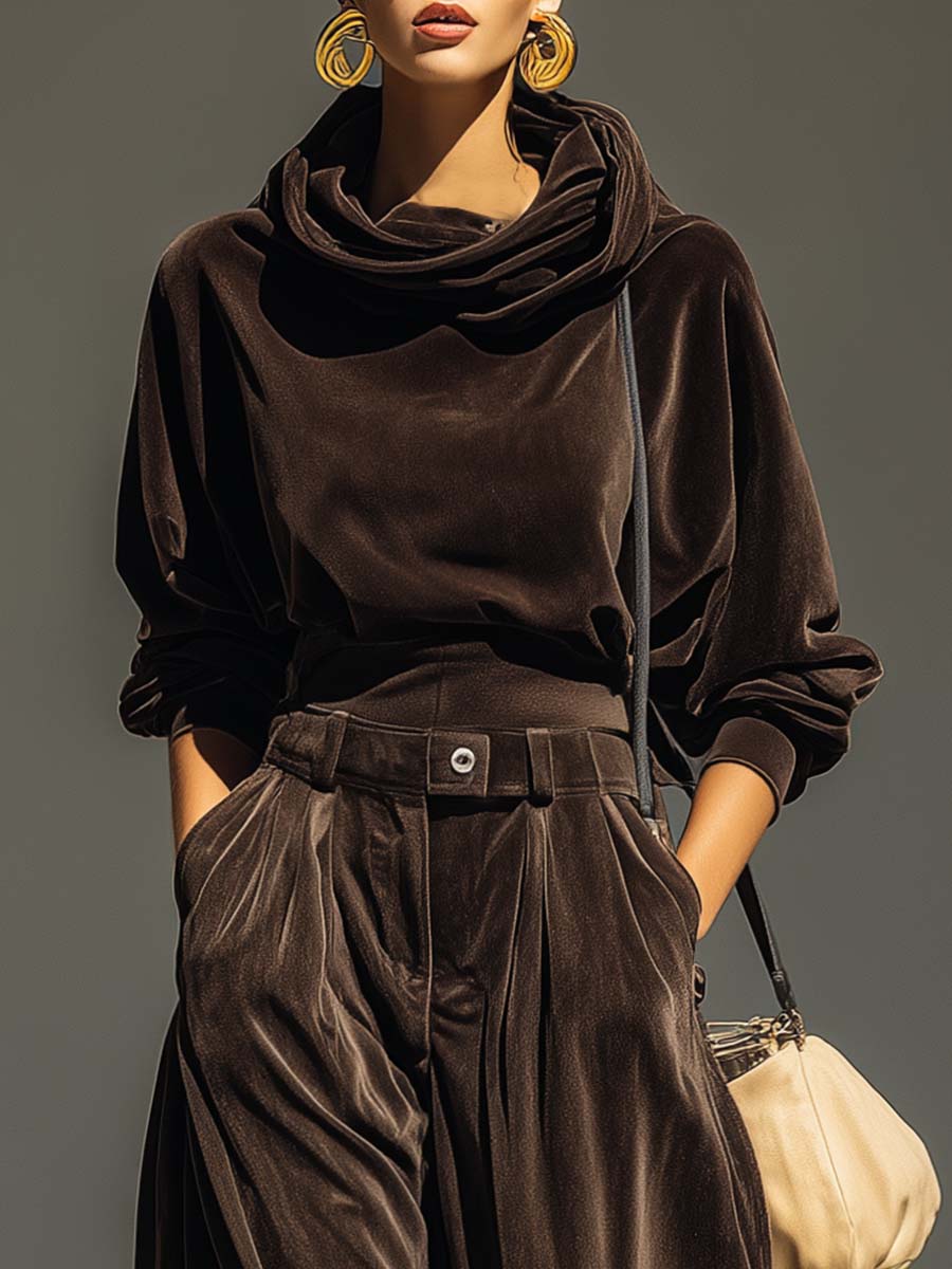 Ella | Vintage Velvet Hoodie and Loose-Fitting Trousers Set (Includes Belt）