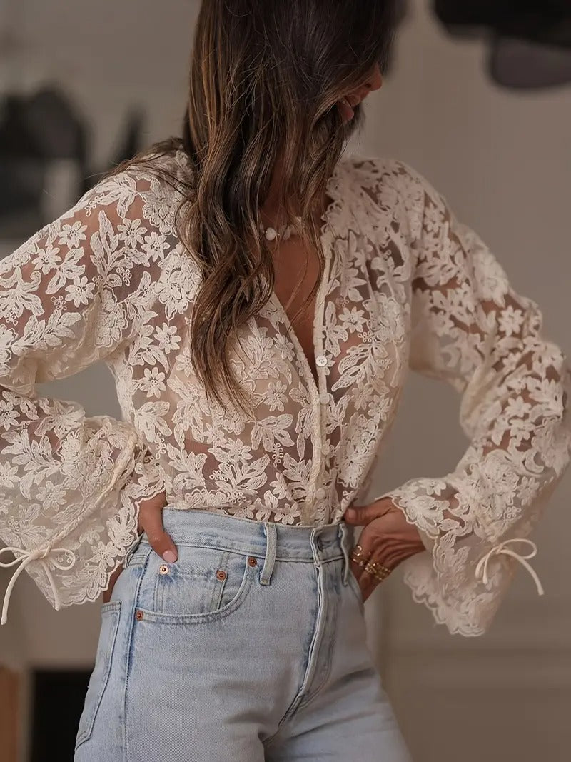 Fenna | Transparent Floral Lace with Trumpet Sleeves