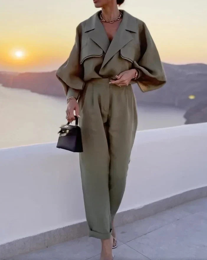 Nyasia | Two-Piece Suit Green with Balloon Sleeves