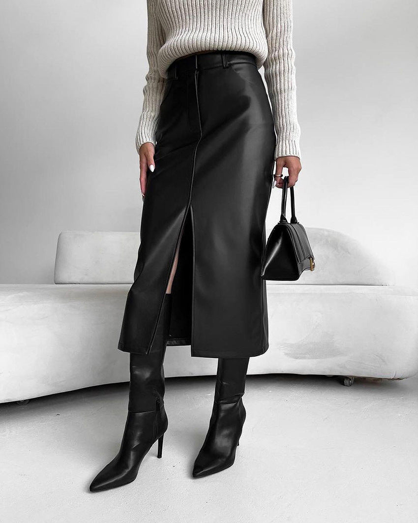 Kavya | Black Midi Skirt with High Slit