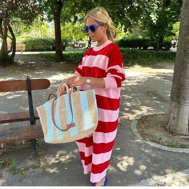 Arla | Knitted Dress with Stripes Red Pink