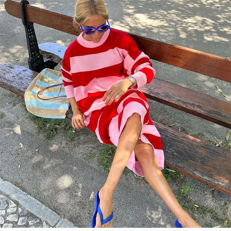 Arla | Knitted Dress with Stripes Red Pink