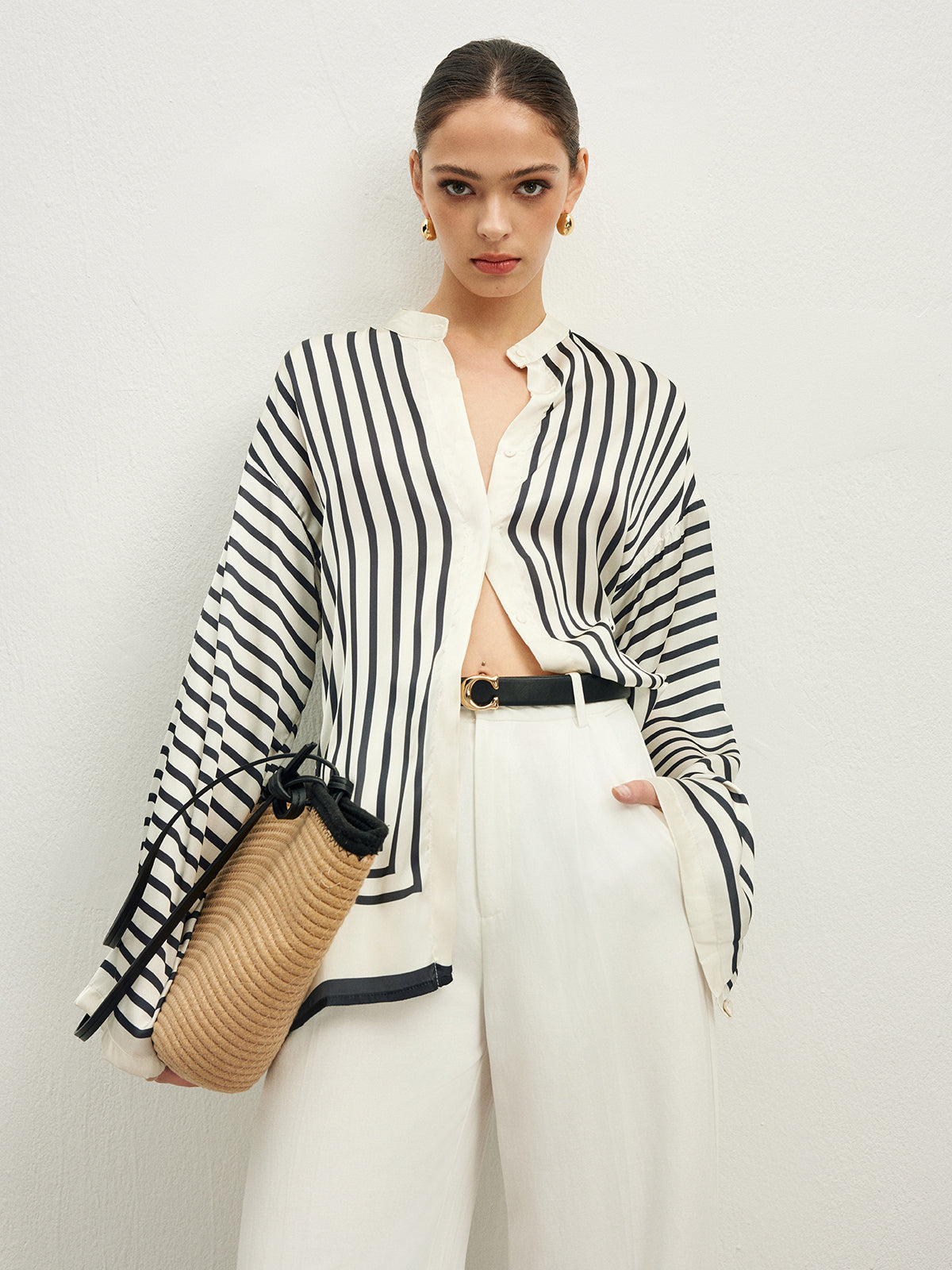 Vena | Striped Satin Blouse with Wide Sleeves