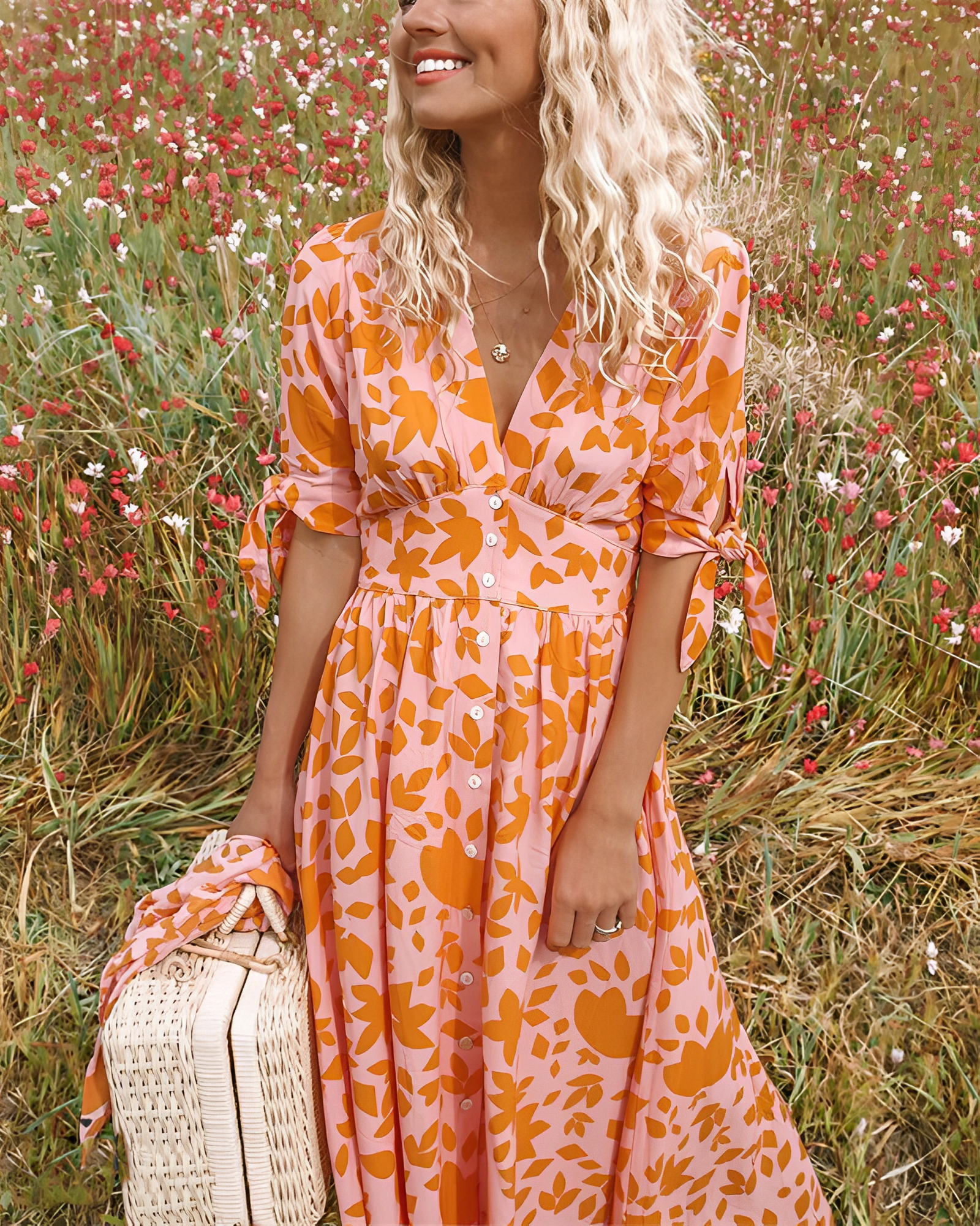 Vivianne | Midi Dress Orange Leaf Print