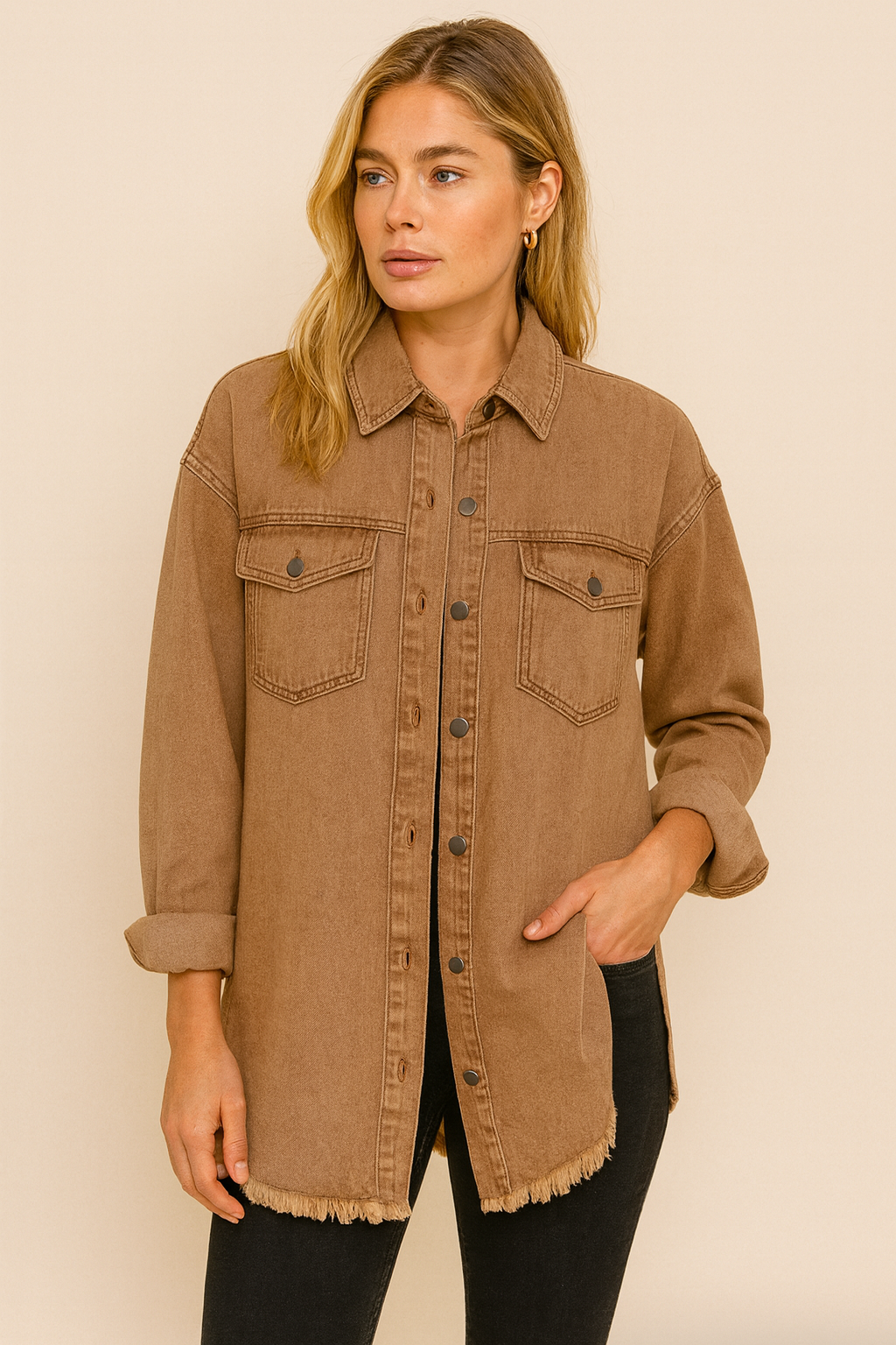 Laura | Denim Shirt Jacket with Frayed Hem