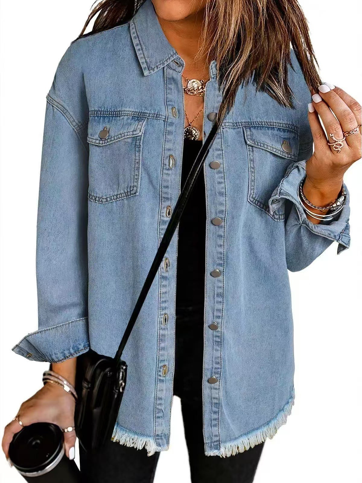 Laura | Denim Shirt Jacket with Frayed Hem