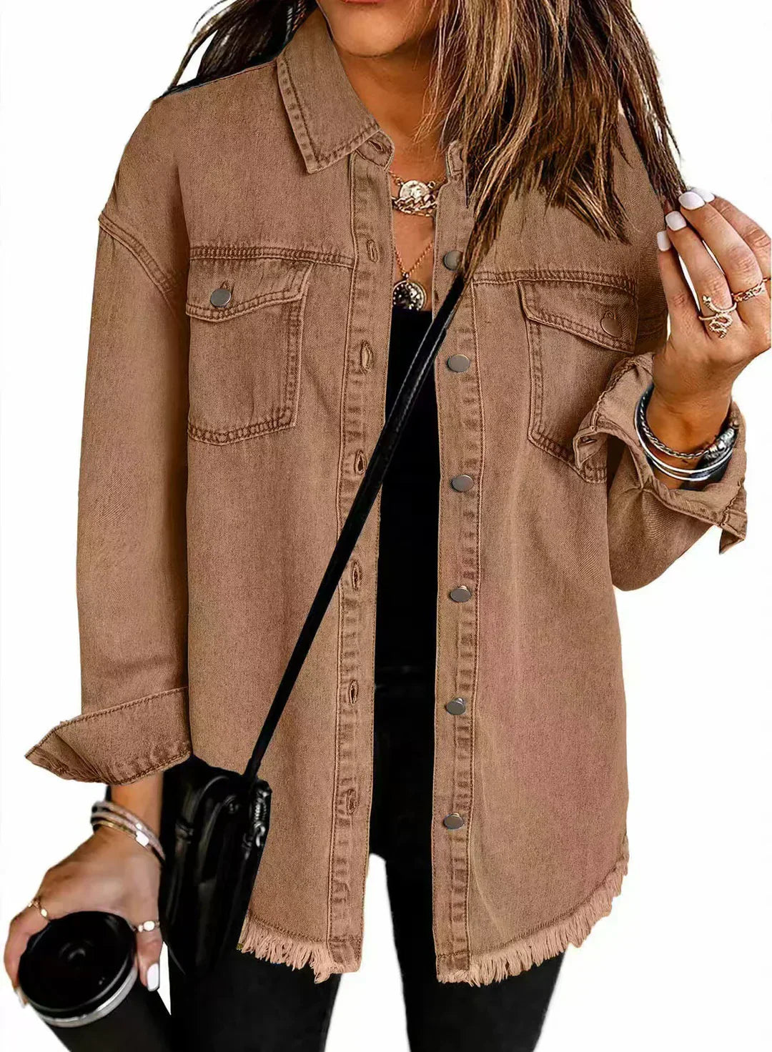 Laura | Denim Shirt Jacket with Frayed Hem