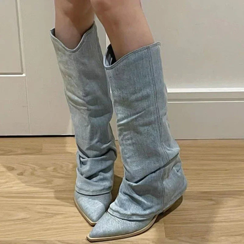 Naima | Denim Knee Boots with Pointed Toe