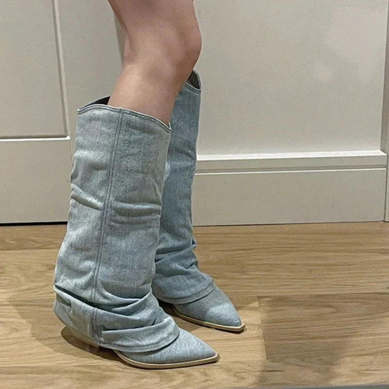 Naima | Denim Knee Boots with Pointed Toe