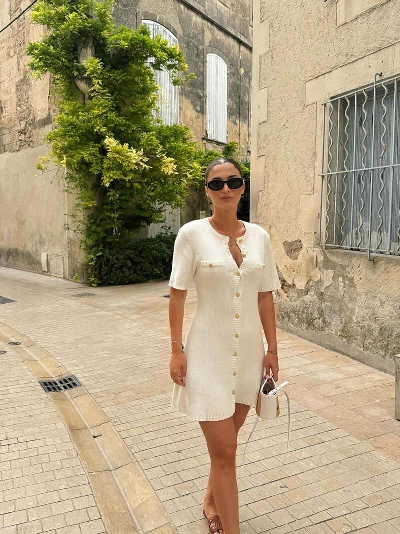 Iona | White Knitted Dress with Gold Buttons